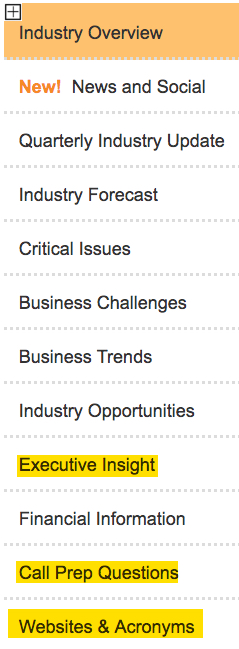 Image of the left hand navigation of an industry search, highlighted call prep questions, websites, executive 