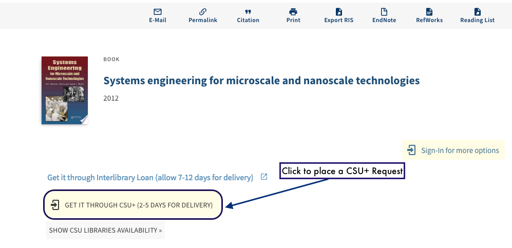 Screenshot of the OneSearch interface for a book called "Systems engineering for microscale and nanoscale technologies" highlighting the "Get it through CSU+ (2-3 days for delivery)" link