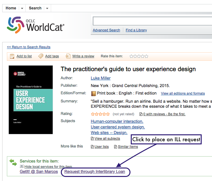 Screenshot of WorldCat.org web showing embedded ILL request buttons for a book called "the practitioner's guide to user experience design"