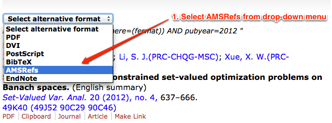 Image of AMSRefs drop down menu in MathSciNet