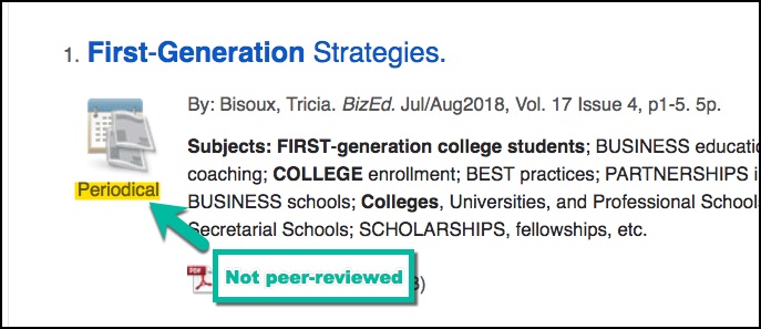 This image shows a non peer-reviewed database article. There is callout box pointing to an image of a periodical that reads "Not peer-reviewed."