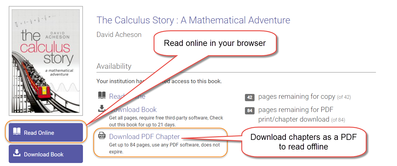 The detailed record for an ebook showing the different ways you can access the book. 