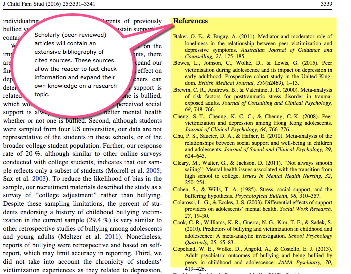 Cited sources in a scholarly article