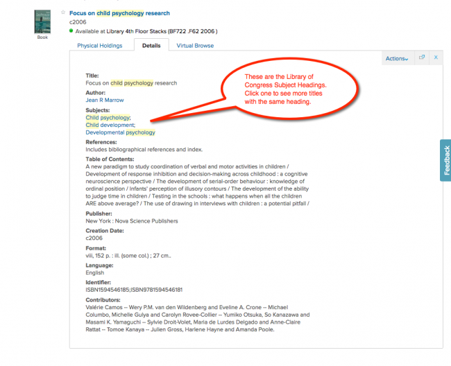 This image shows the details of a book record in the catalog. The subject headings of the book are highlighted. These headings can help to revise a search strategy.