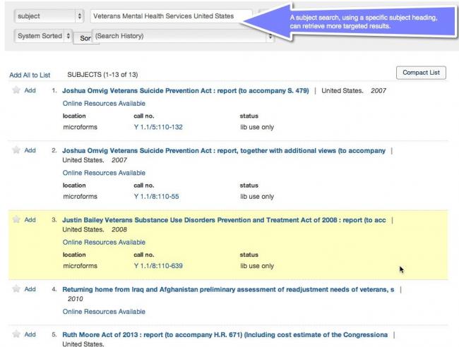 This image shows a subject search. The title of the subject heading is (Veterans Mental Health Services United States). Subject searches can return more relevant results.