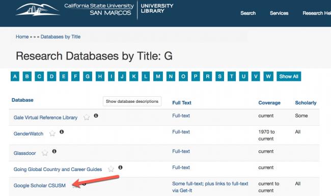 Image of section "G" in the database list with Google Scholar @ CSUSM pointed at in a red arrow.