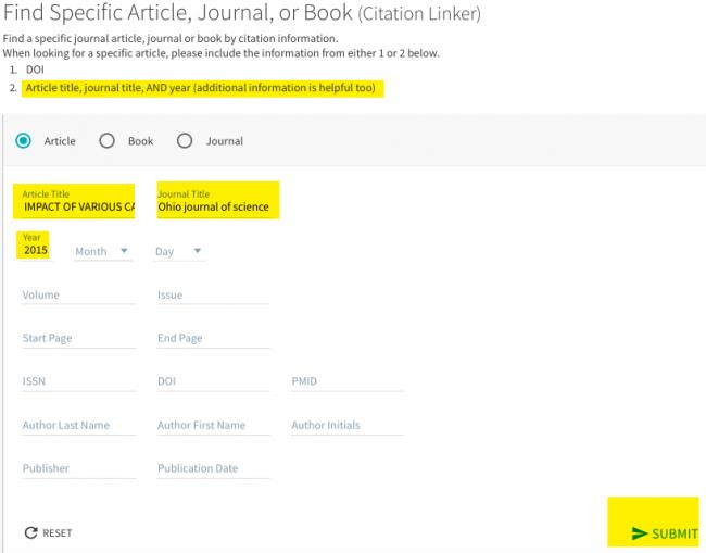 Image shows citation linker form with known article title, journal name, and date of publication filled out