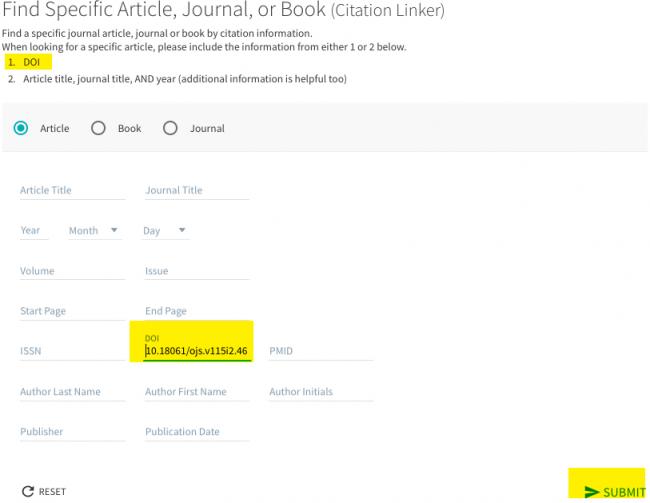 Image shows the citation linker form with DOI number filled out and highlighted.