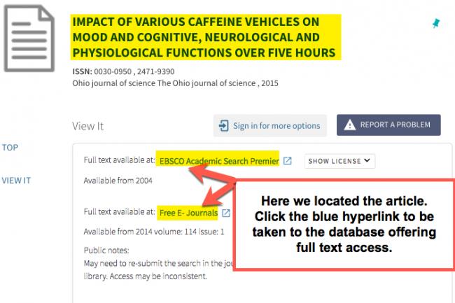 Image shows the results of a search using the citation linker, article title with link to the databases providing access are shown.  There is a callout box pointing to two databases that contain the article that read, "Here we located the article. Click the blue hyperlink to be taken to the database offering full text access."