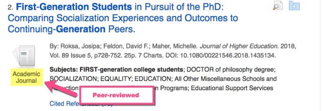 This image shows a peer reviewed article in the database.  There is a callout box with an arrow pointing to an image of an Academic Journal that reads "Peer-Reviewed."
